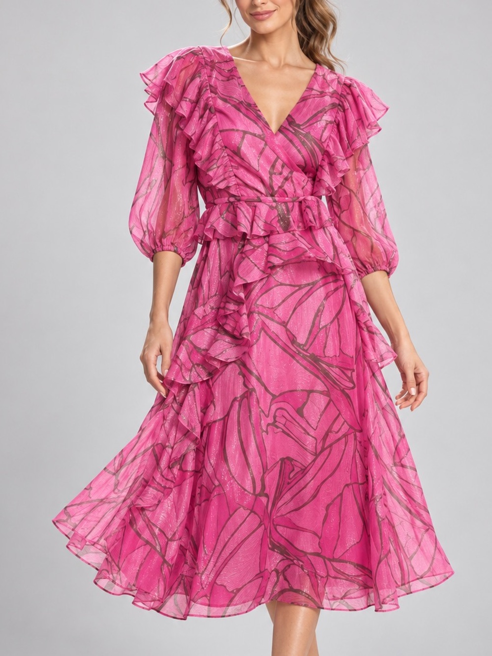 🆕💖Ted Baker Victoir Pink Metallic Abstract Ruffle Midi Dress Size 4 Party Casual